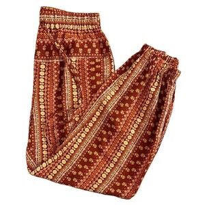 Boho Print Jogger Pants Women's Size Medium Red Yellow Patterned Loungewear